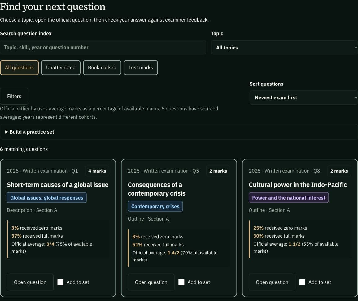 ATARMAxxing VCE Politics question finder, captured on 11 October 2026. Percentages shown describe historical exam cohorts, not ATARMAxxing student results.