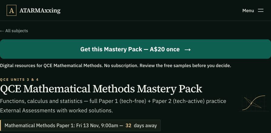 ATARMAxxing QCE Mathematical Methods subject hub and practice resources.