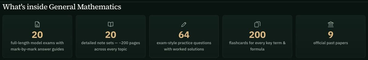 The SACE General Mathematics subject hub: practice exams, revision notes, worked questions and flashcards. Website screenshot captured on 11 October 2026.
