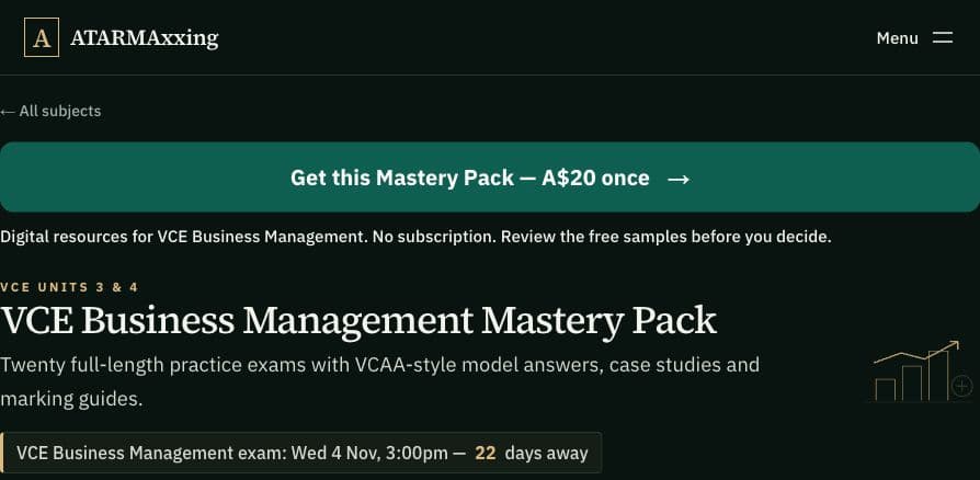 ATARMAxxing VCE Business Management subject hub and practice resources.
